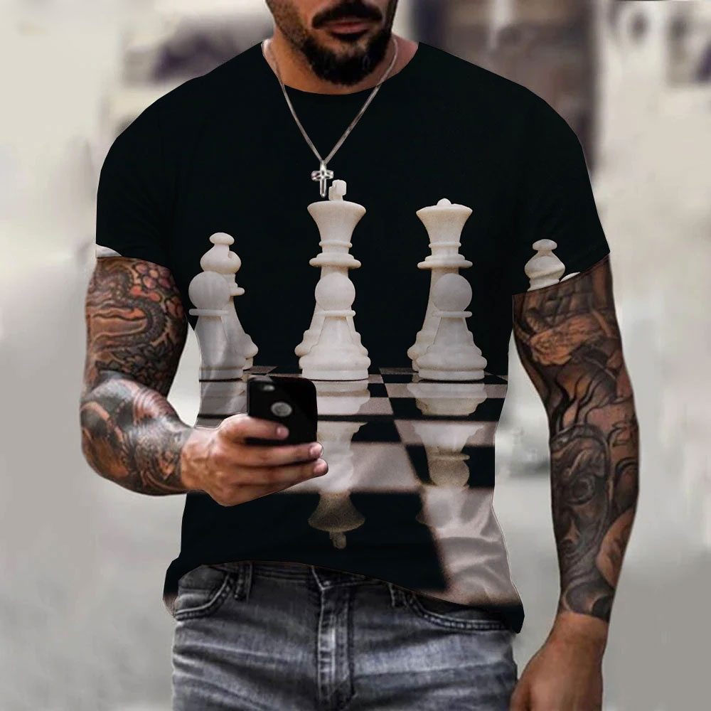 3D Printing Chess - เสื้อยืดผู้ชายลายหมากรุก3D สนุกใหม่สีดำและสีขาวเสื้อคอกลมสไตล์ฮาราจูกุเสื้อแฟชั่นลำลองส่วนบุคคลสำหรับฤดูร้อน