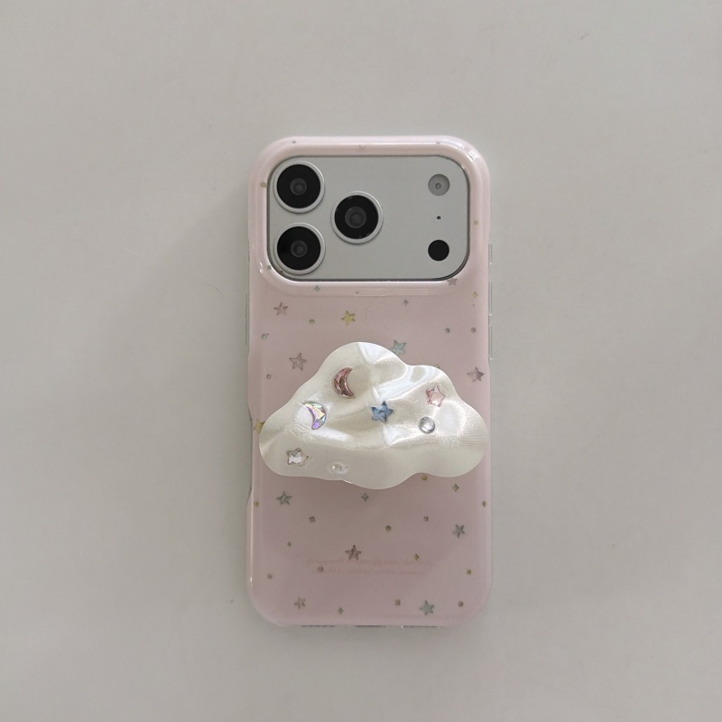 3D Printing Iphone - เคสโทรศัพท์ลายดาวสีชมพูน่ารัก พร้อมที่จับกันลื่นแบบ 3 มิติ ประดับคริสตัลรูปเมฆ สำหรับ