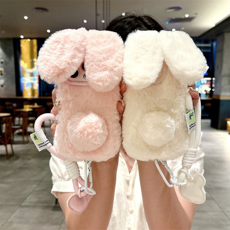 3D Printing Rabbit - 3Dน่ารักการ์ตูนกระต่ายหูWarm Furry Plushกระต่ายเคสโทรศัพท์LanyardสําหรับiPhone 15 14 13