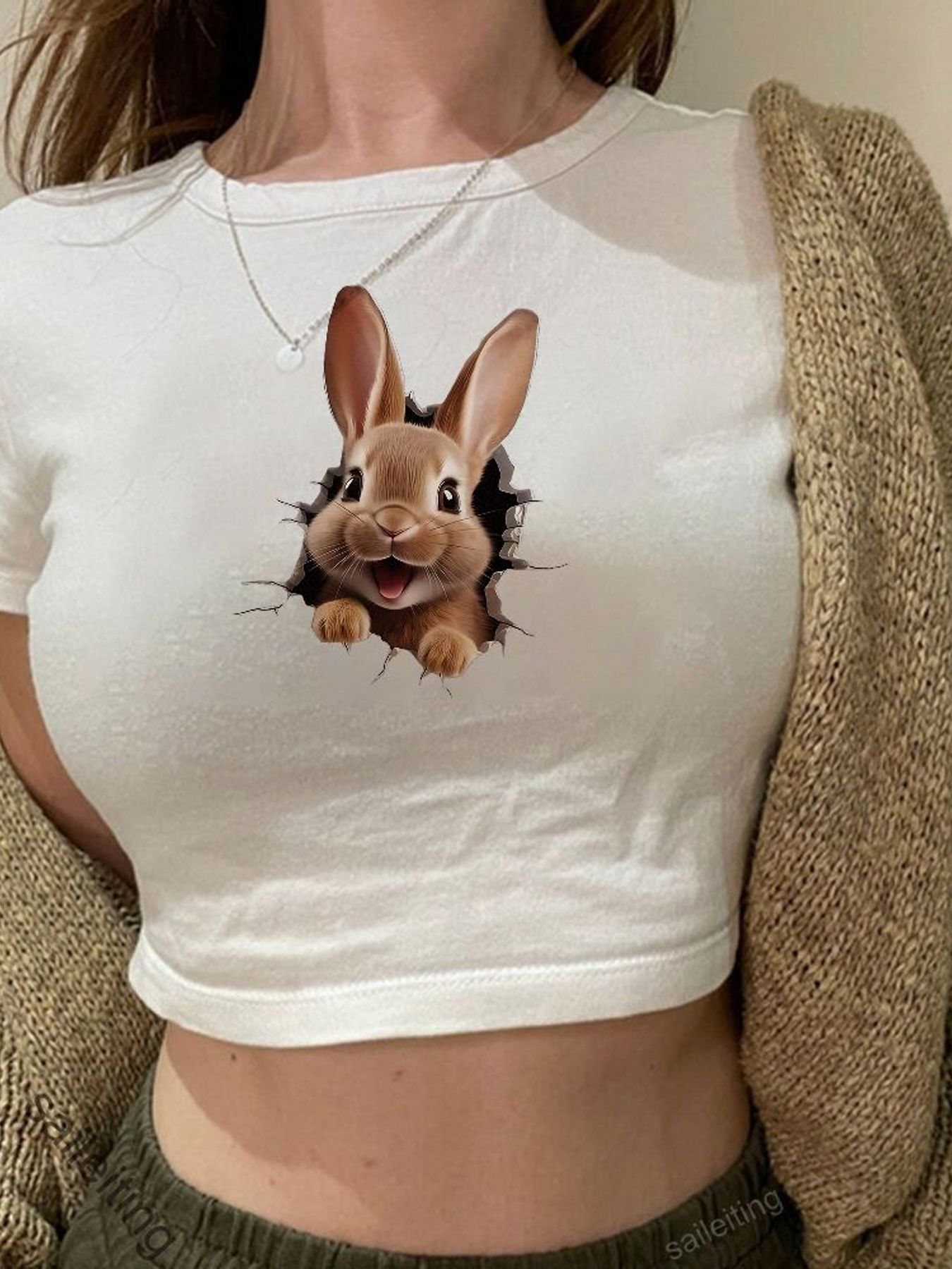 3D Printing Rabbit - เสื้อครอปพิมพ์ลายหัวกระต่าย 3 มิติ - ดีไซน์ผ้าฉีกขาดลายกระต่ายน่ารักสีน้ำตาล เสื้อยืดแขนสั้นลำลองสำหรับฤดูร้อน